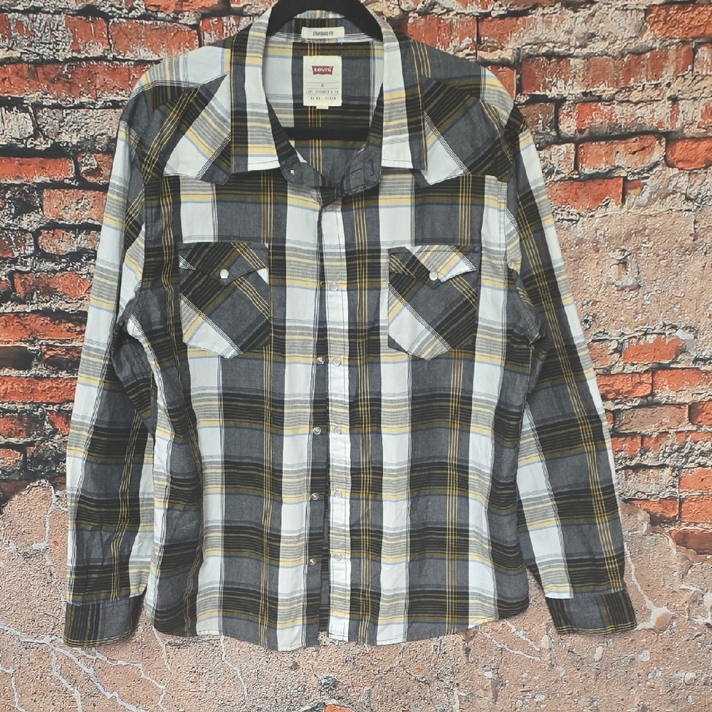 Levi's White Label Western Men's Plaid Pearl Snap Shirt-Black & White Sz XL
